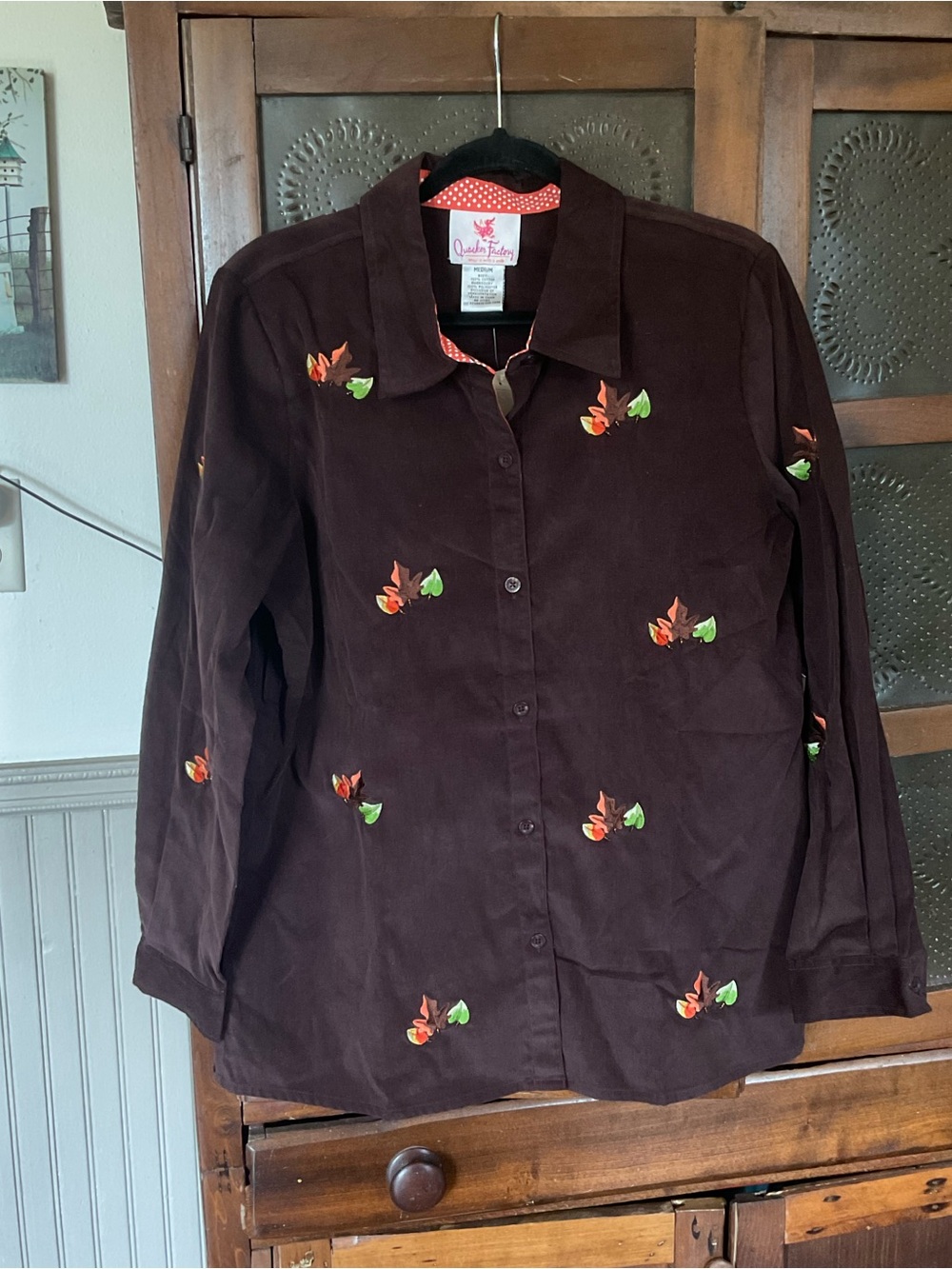 Vintage Quacker Factory Brown Corduroy Fall Leaf Button Down M NWT